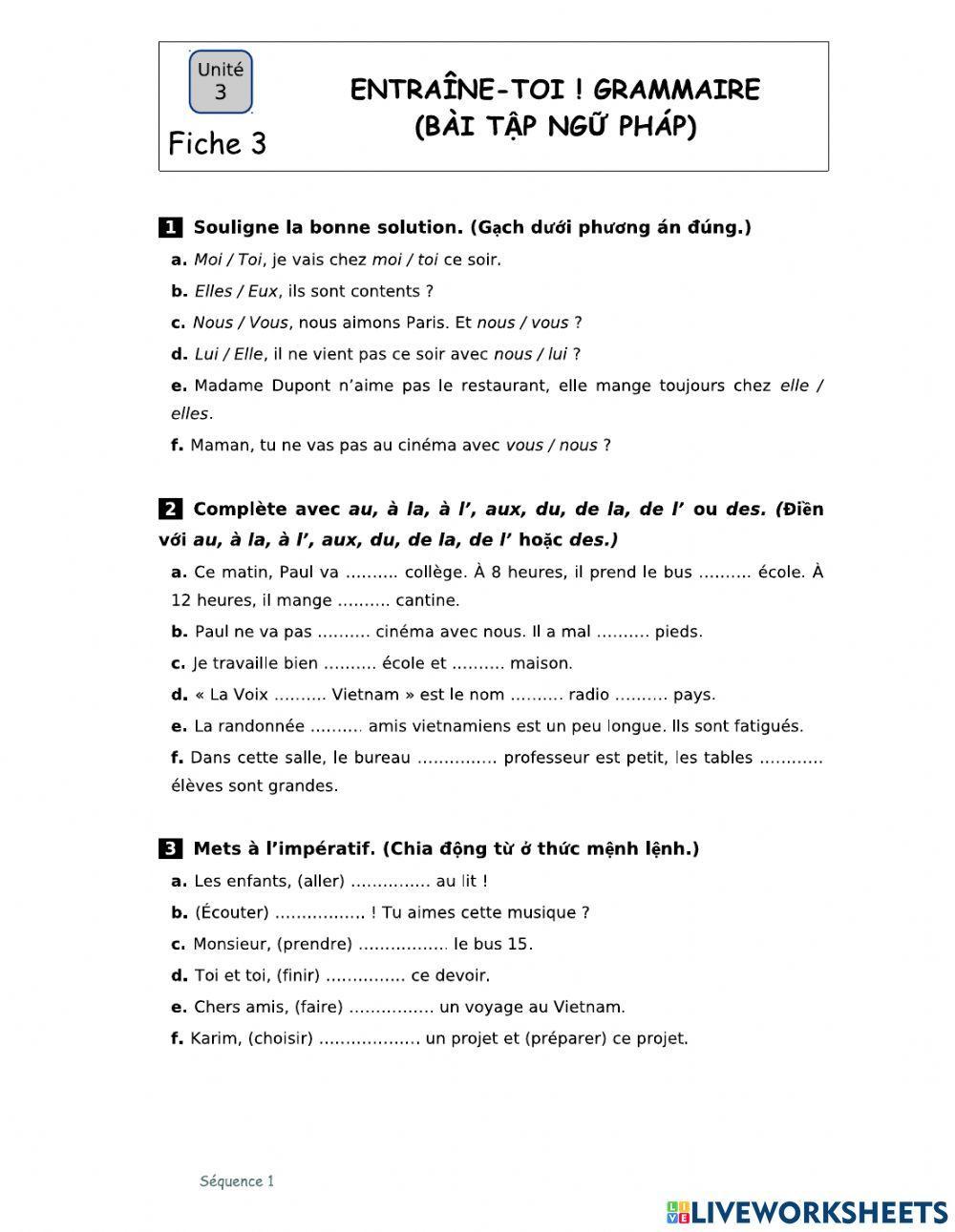 Pronom tonique, article contracté, impératif