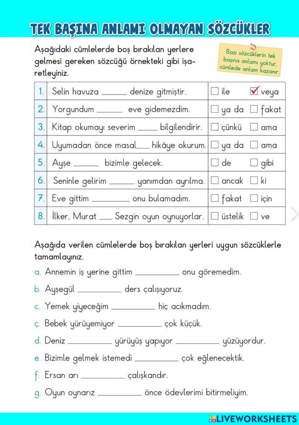 Tek Başına Anlamı Olmayan Sözcükler