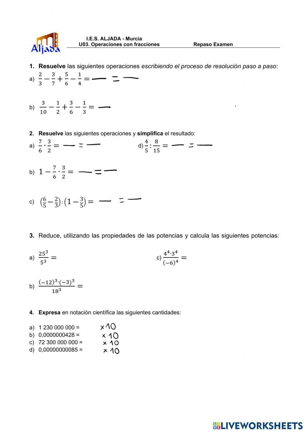 Repaso examen3 Operaciones con fracciones 2ºESO