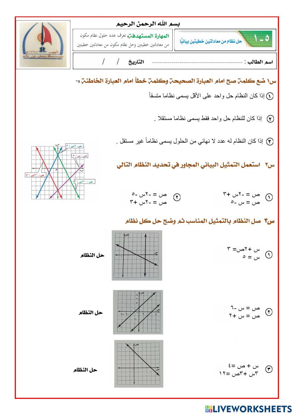 حل نظام  من معادلتين خطيتين بيانيا