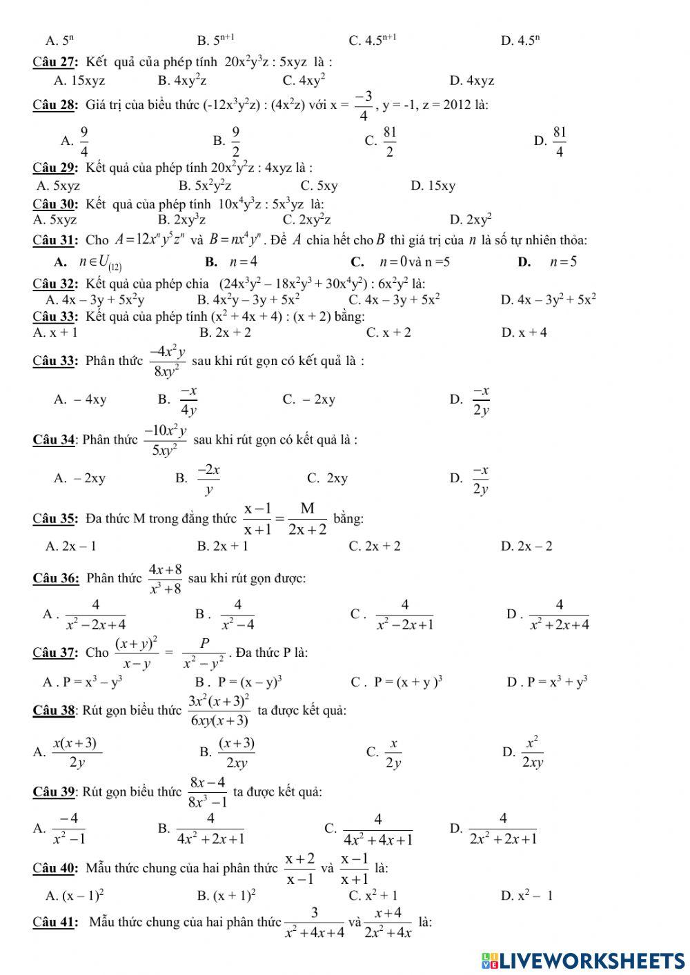 Trắc nghiệm HK1 Toán 8 đề cương