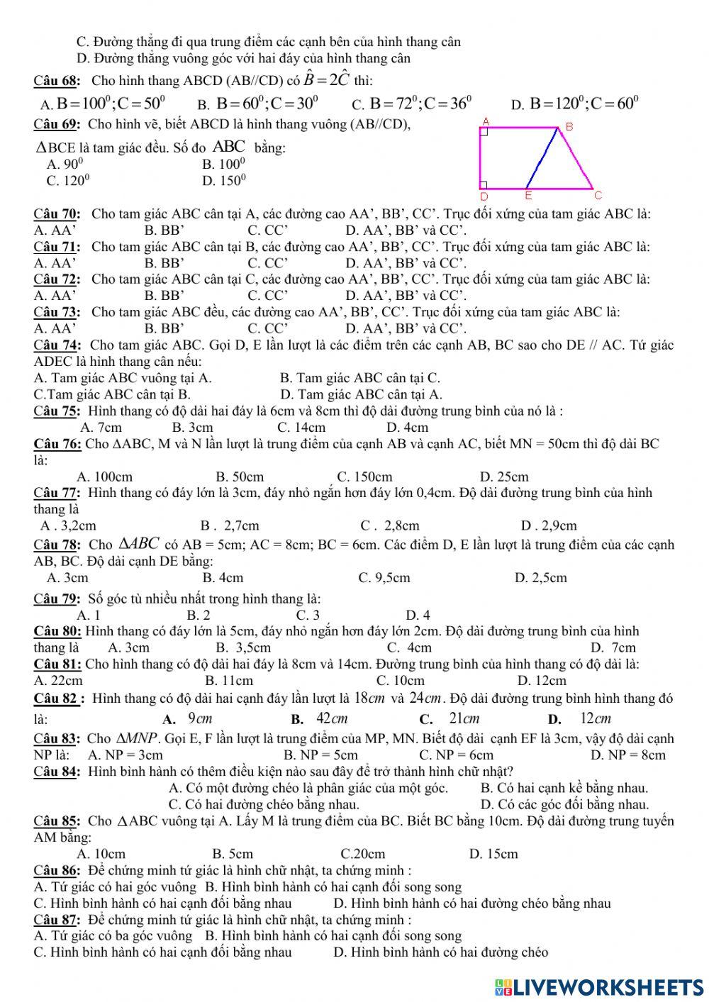 Trắc nghiệm HK1 Toán 8 đề cương