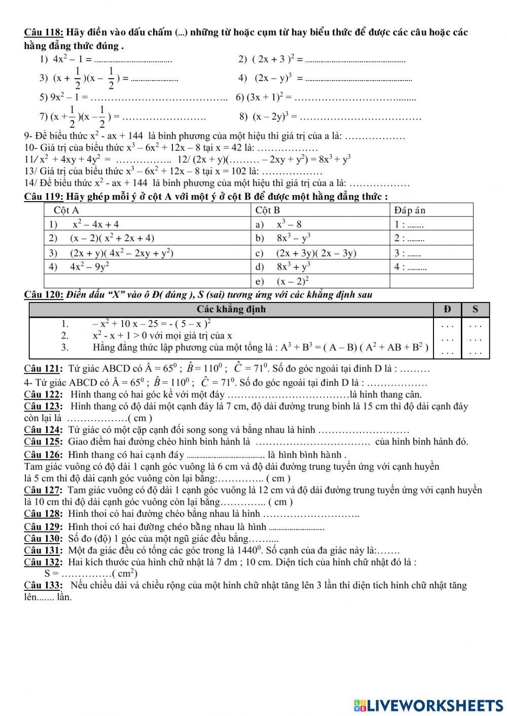 Trắc nghiệm HK1 Toán 8 đề cương