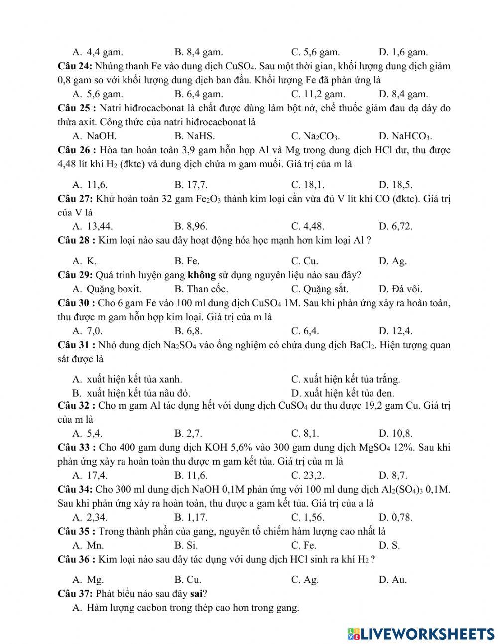 Hóa 9 - Ôn tập thi cuối kì 1