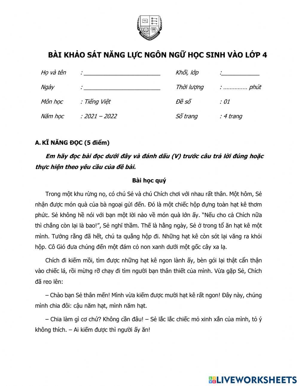 Bài khảo sát năng lực ngôn ngữ học sinh vào lớp 4