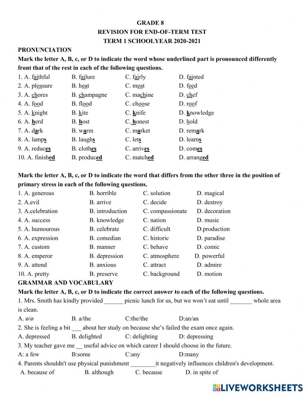 Grade 8: Đề cương kỳ 1