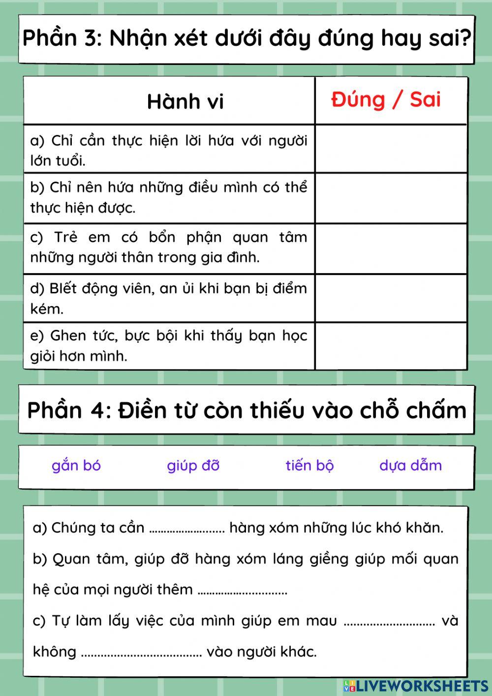 Đạo đức 3 - Cuối học kì 1