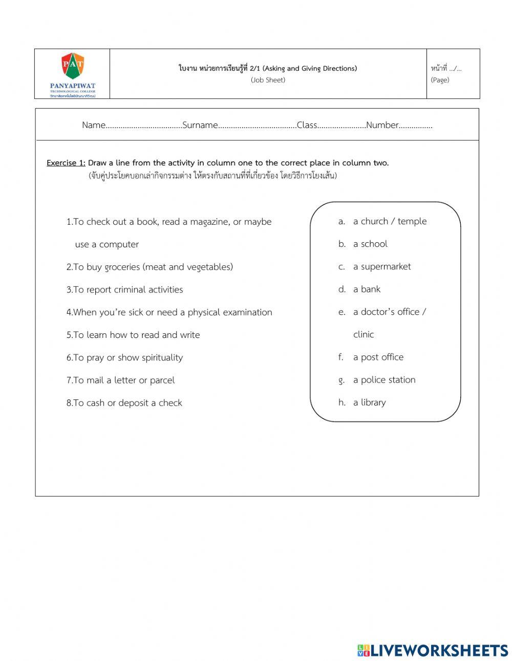 Worksheet 2 Asking and Giving Direction