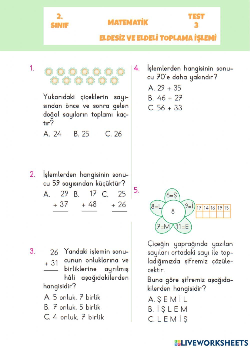 02-Matematik-Eldesiz ve Eldeli Toplama İşlemi-TEST