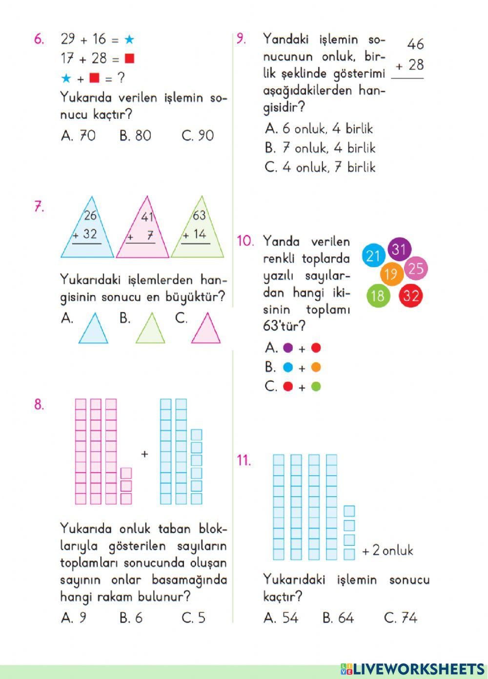 02-Matematik-Eldesiz ve Eldeli Toplama İşlemi-TEST