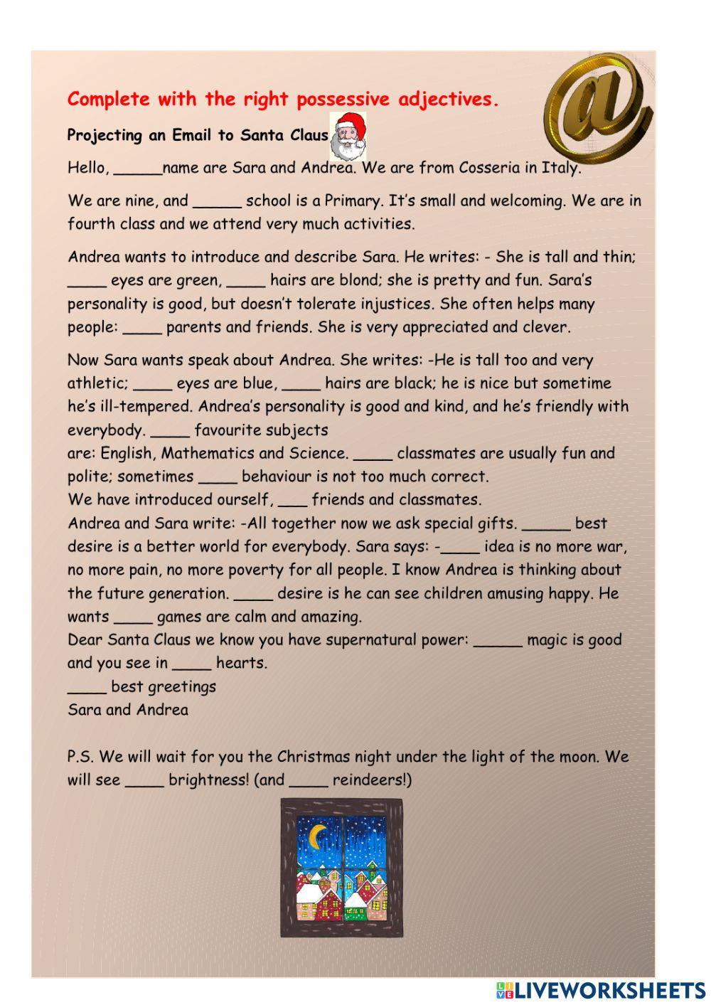 Possessive adjectives. Projecting an email to santa Claus