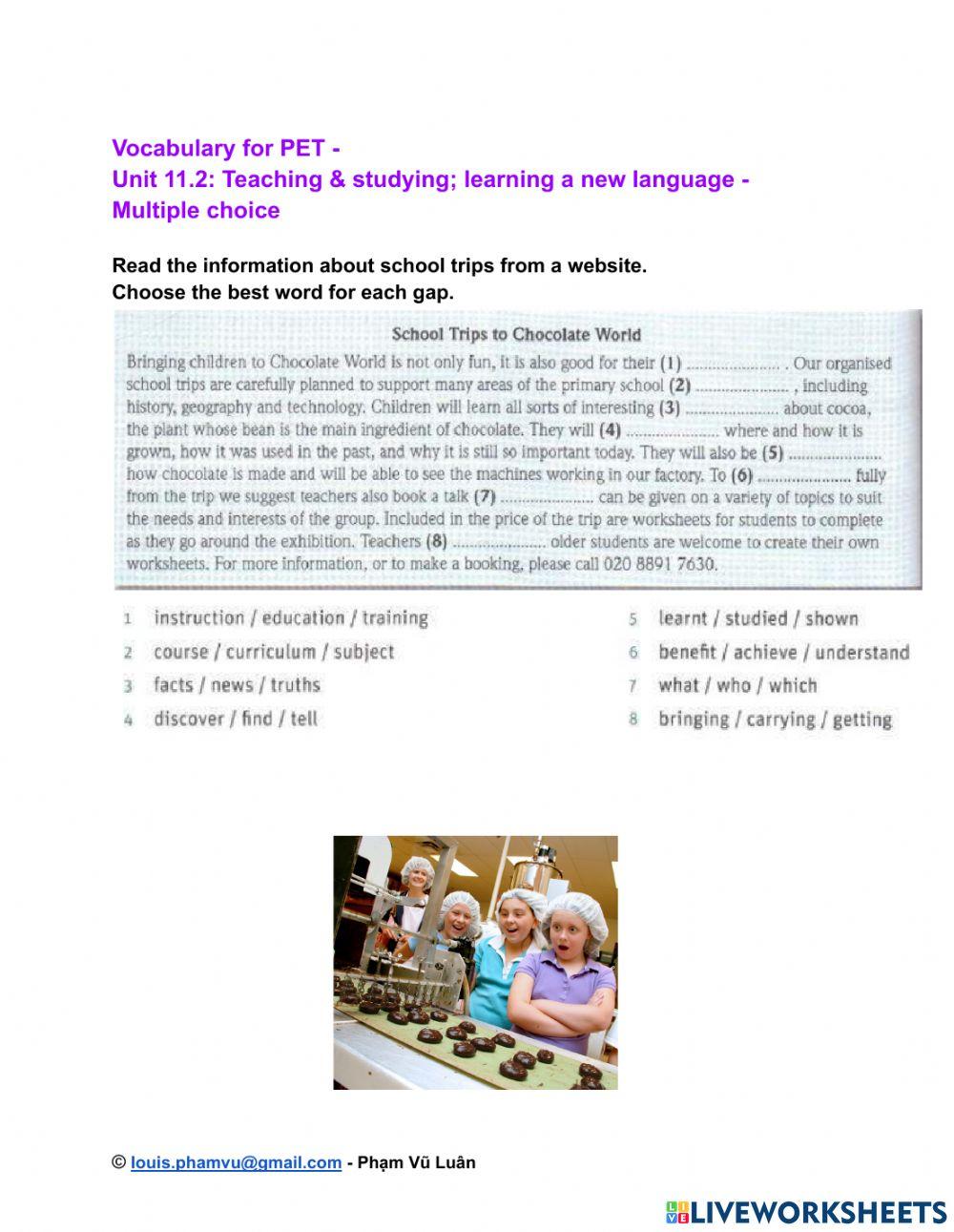 Vocabulary for PET -  Unit 11.2: Teaching & studying- learning a new language - Multiple choice