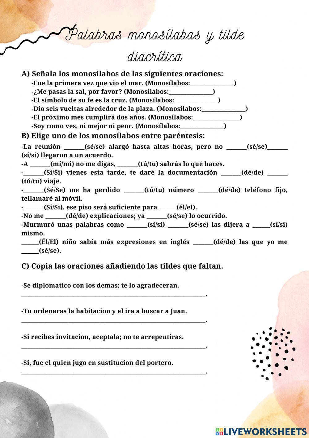 Palabras monosílabas y tilde diacrítica