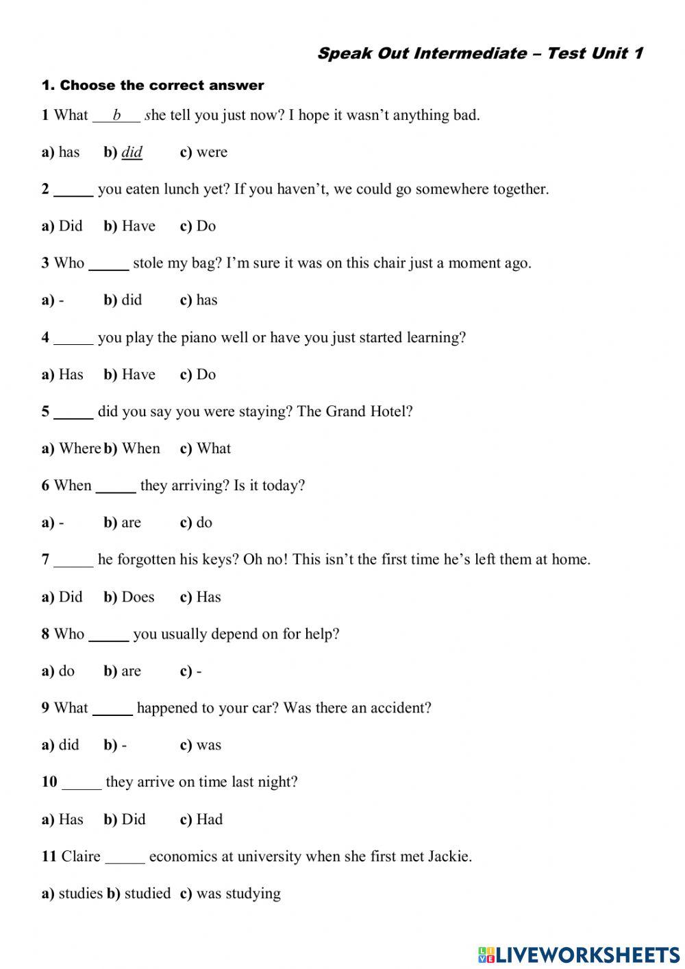 Speak Out Intermediate - Test Unit 1