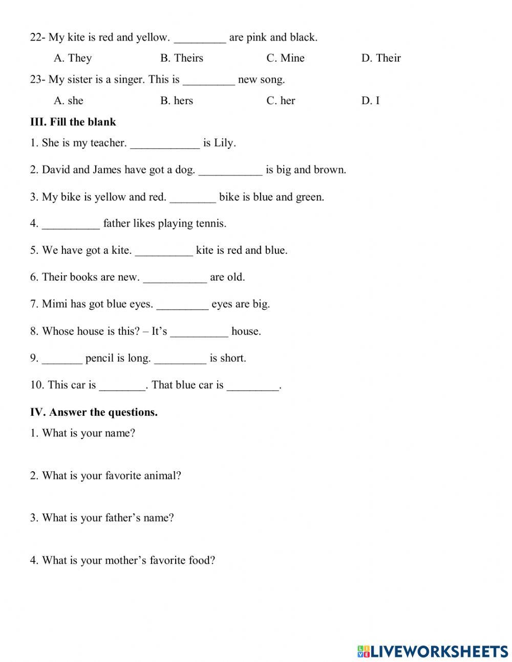 Possessive Adje Free Interactive Worksheets 1753301
