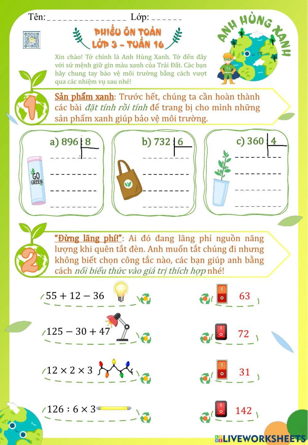 Ôn tập Toán cuối tuần 16