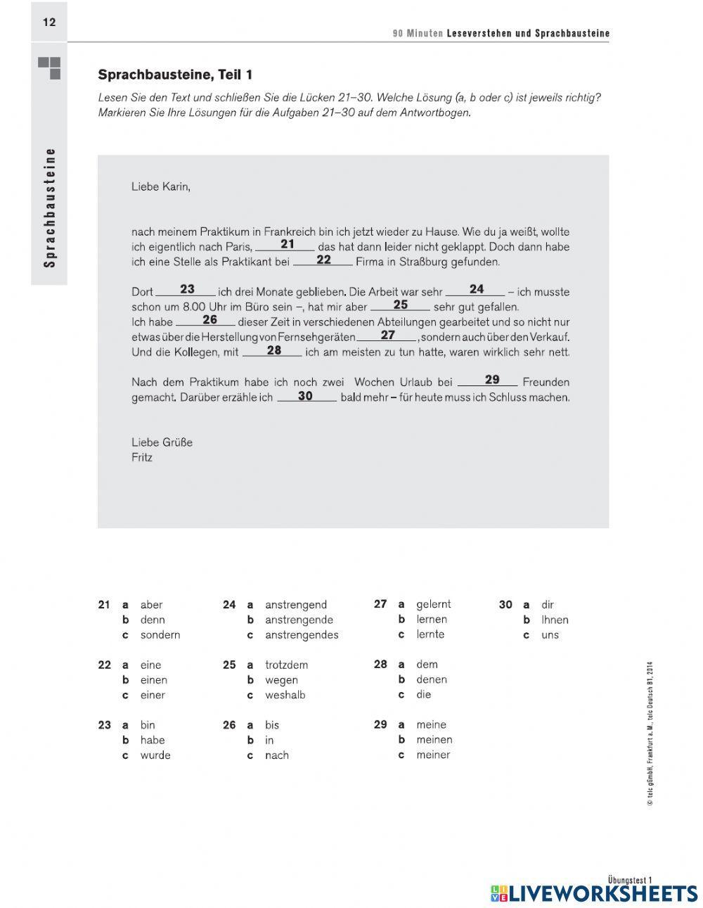 Lesen und Sprachbausteine B1 Telc