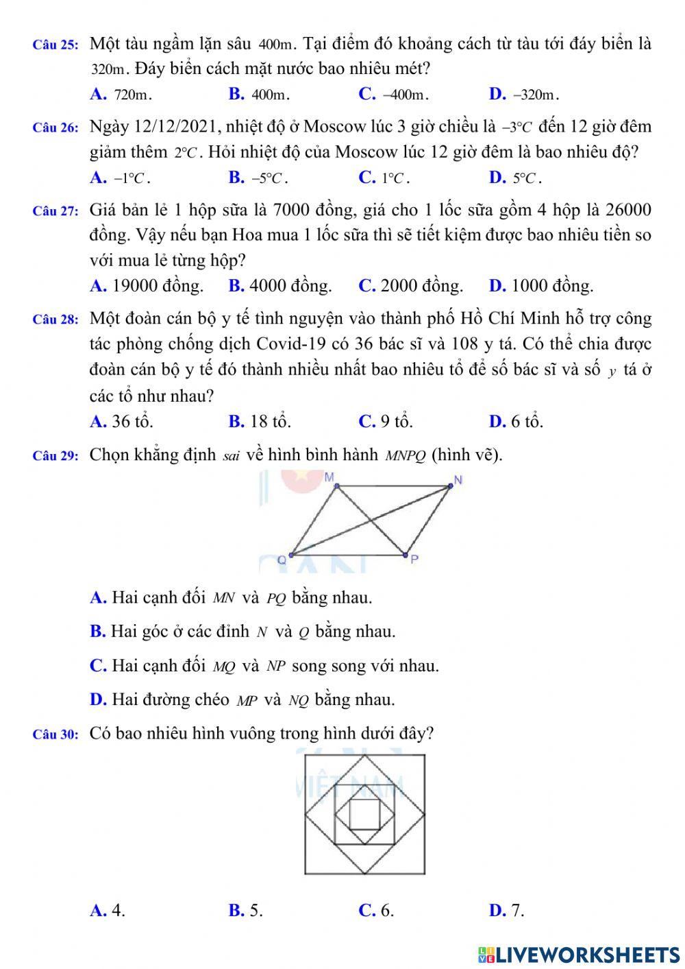 Trắc nghiệm HK1 Toán 6 đề 6