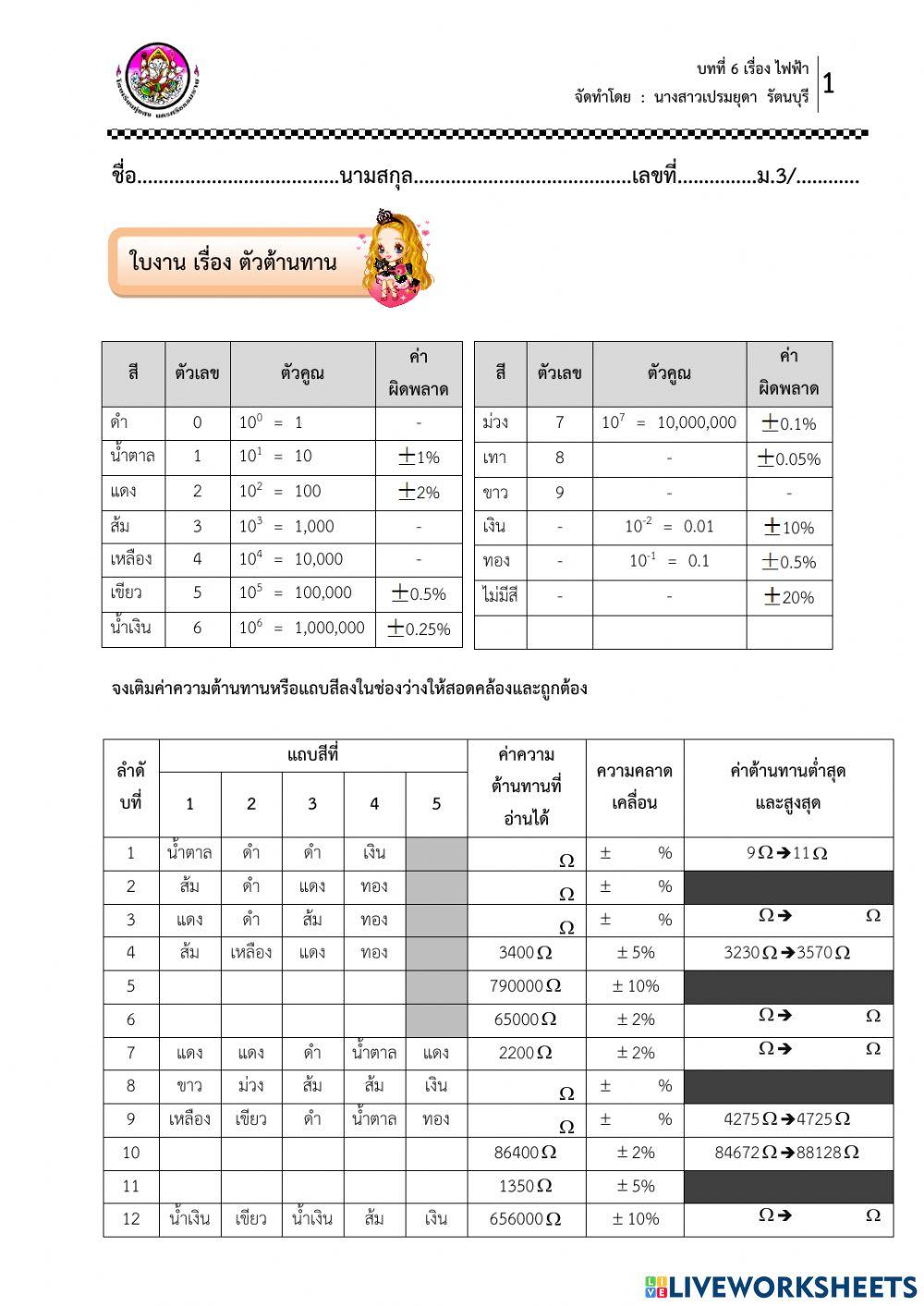 ใบงาน เรื่อง ตัวต้านทาน