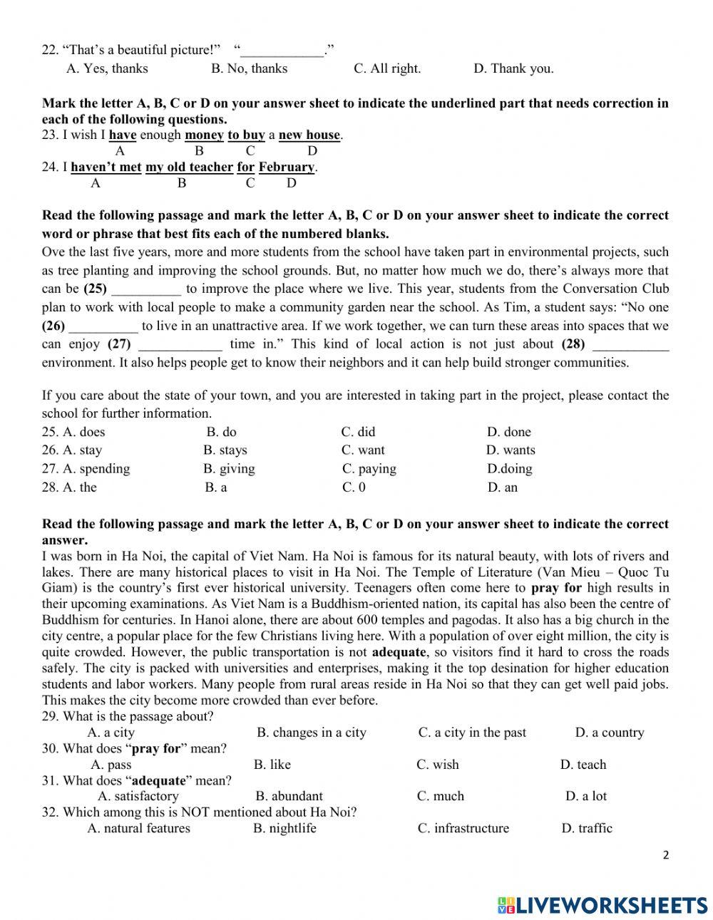 Grade 9 - English test for the first term