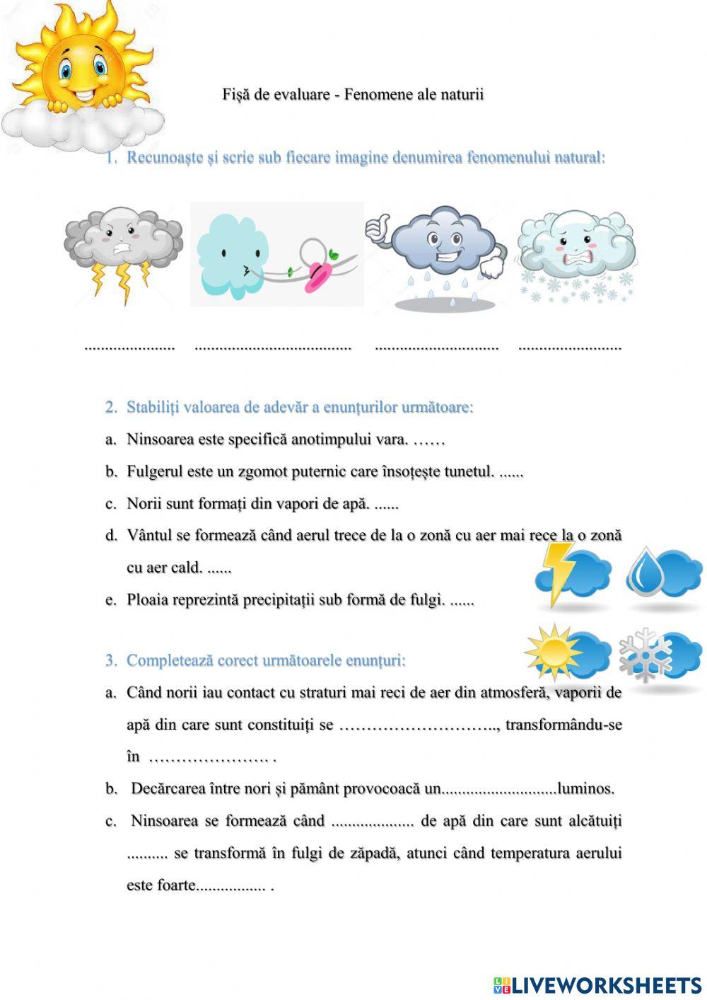 Fenomene ale naturii-fișă de evaluare, clasa a-III-a