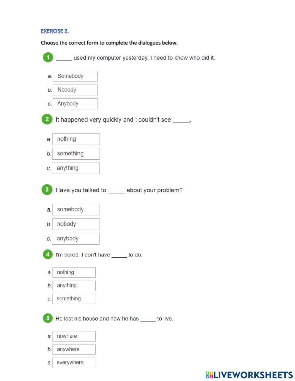 Indefinite pronouns (someone, anything, nowhere)-A2