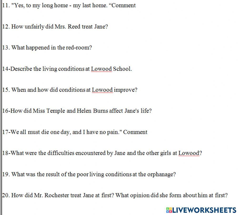 Jane Eyre online worksheet Live Worksheets