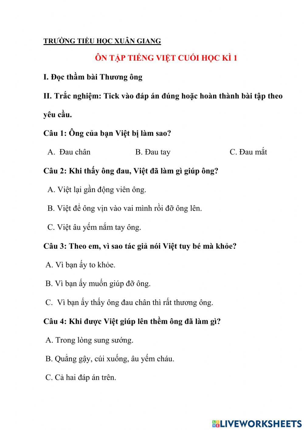 Ôn tập tiếng việt cuối kì i- lớp 2