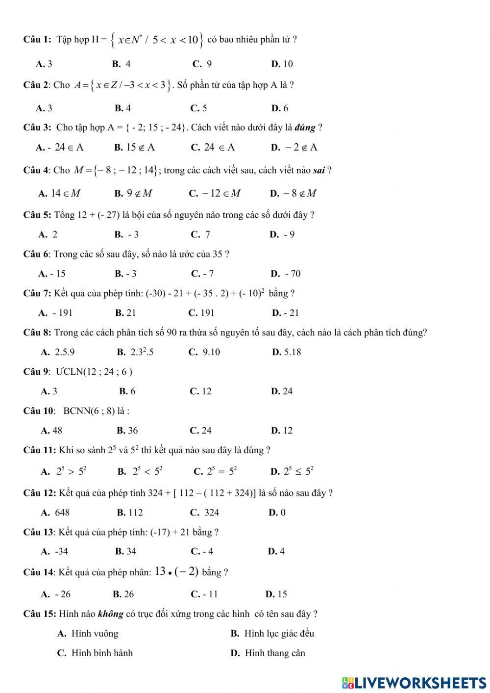 Trắc nghiệm HK1 Toán 6 đề 7