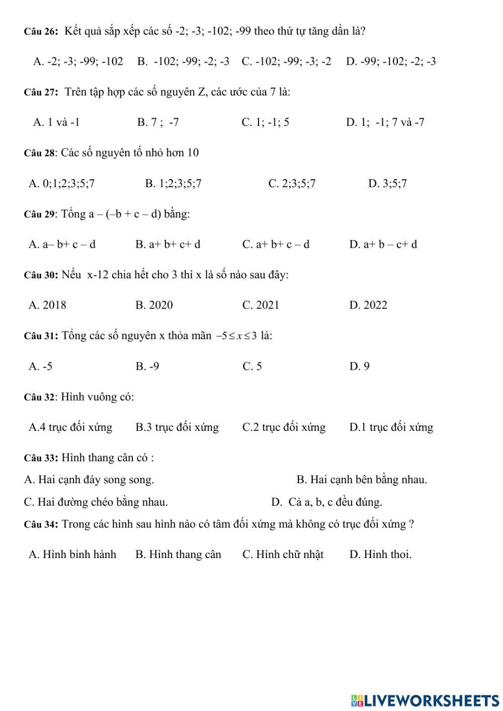 Trắc nghiệm HK1 Toán 6 đề 7