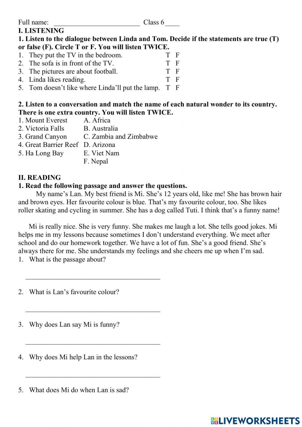 Class 6 - the final term test 1