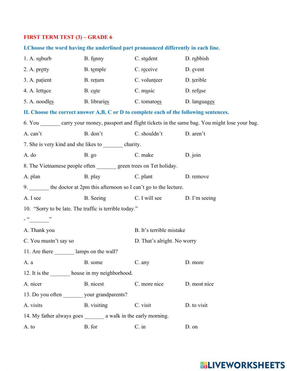 English exam for Grade 6