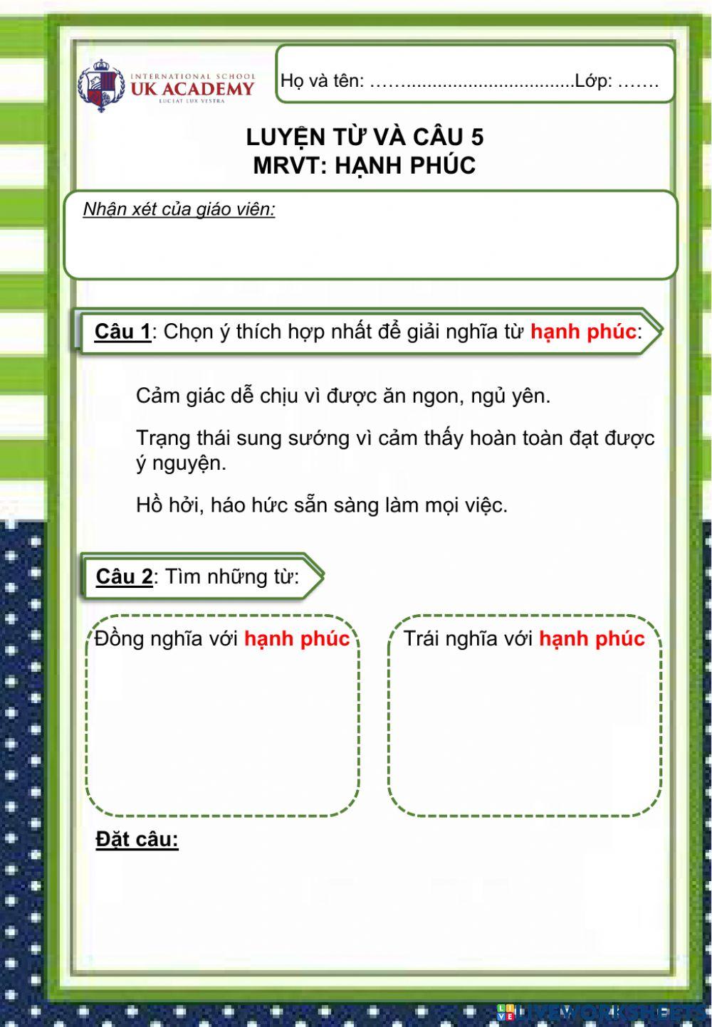 LTVC 5 - MRVT: Hạnh phúc