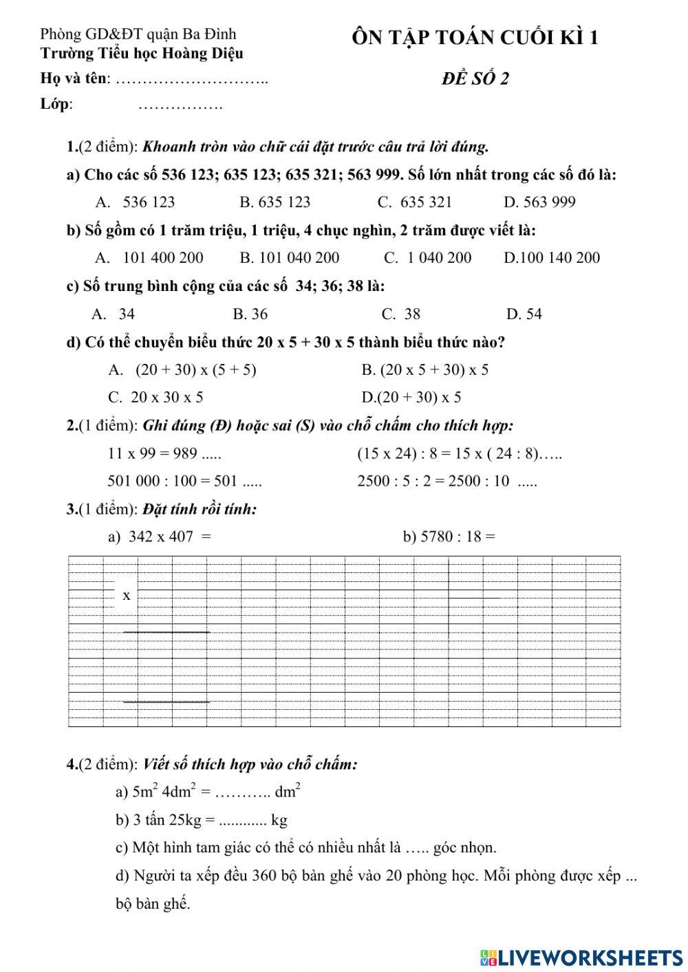 Ôn Toán cuối kì 1