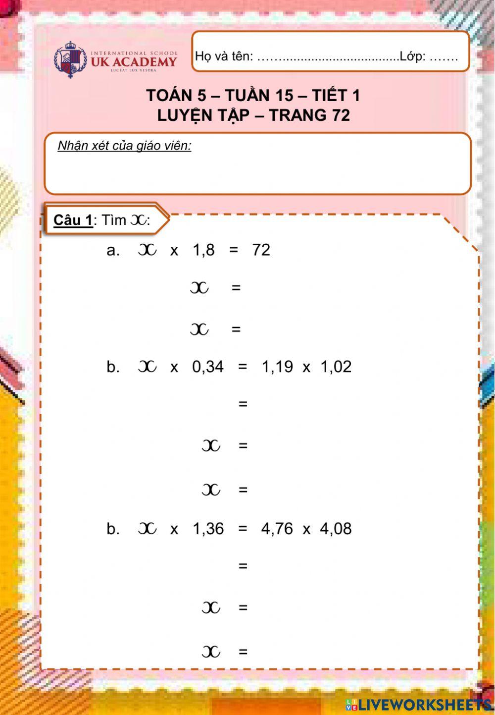 Toán 5 - Luyện tập - Trang 72