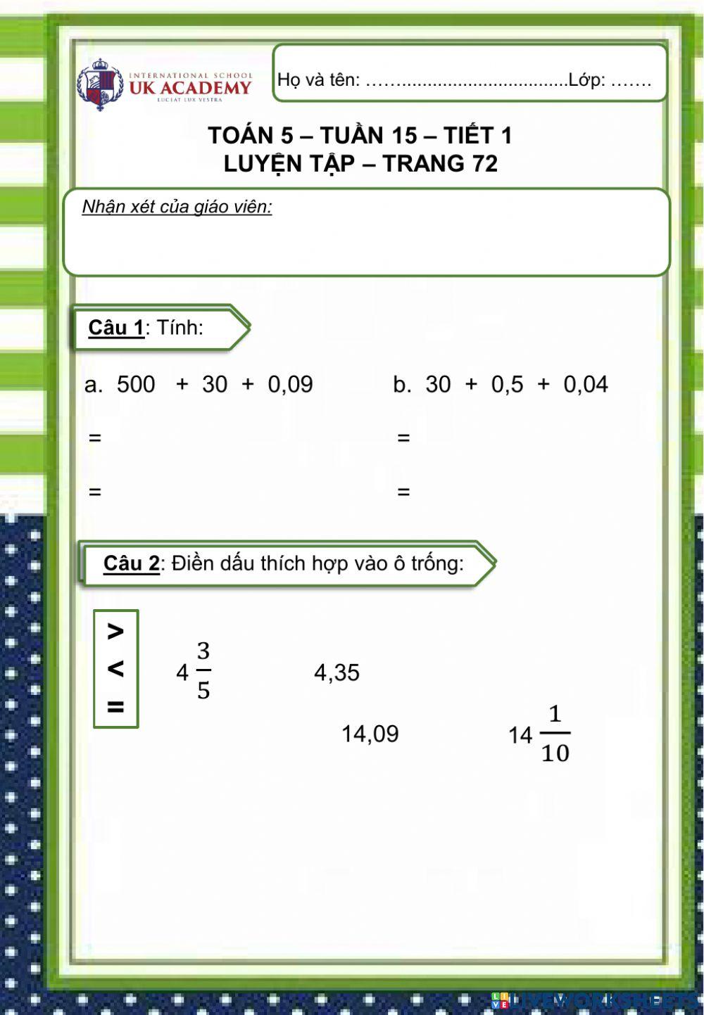 Toán 5 - Luyện tập chung - Trang 72