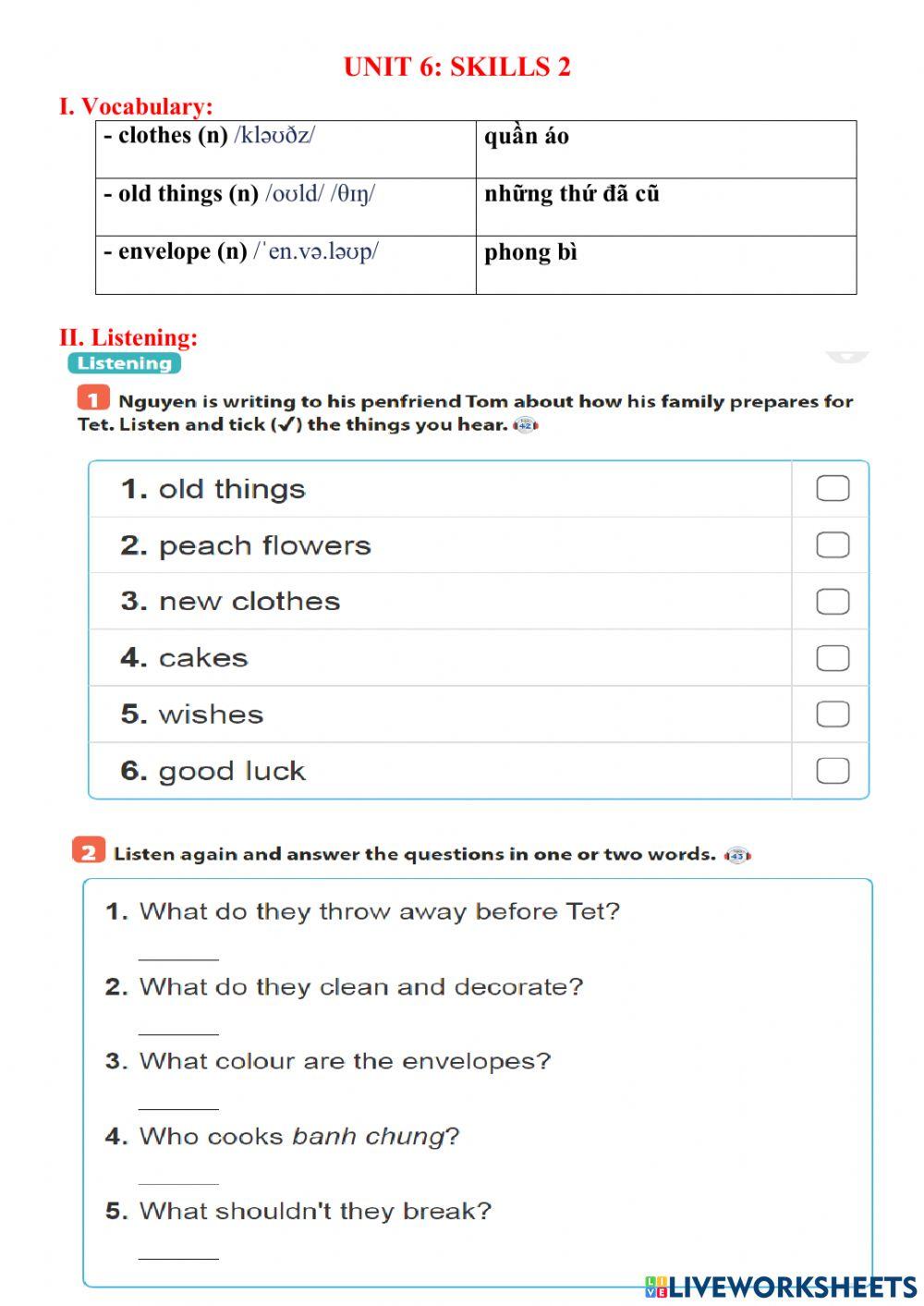 Unit 6 skills 2 class 6 online exercise for live worksheets