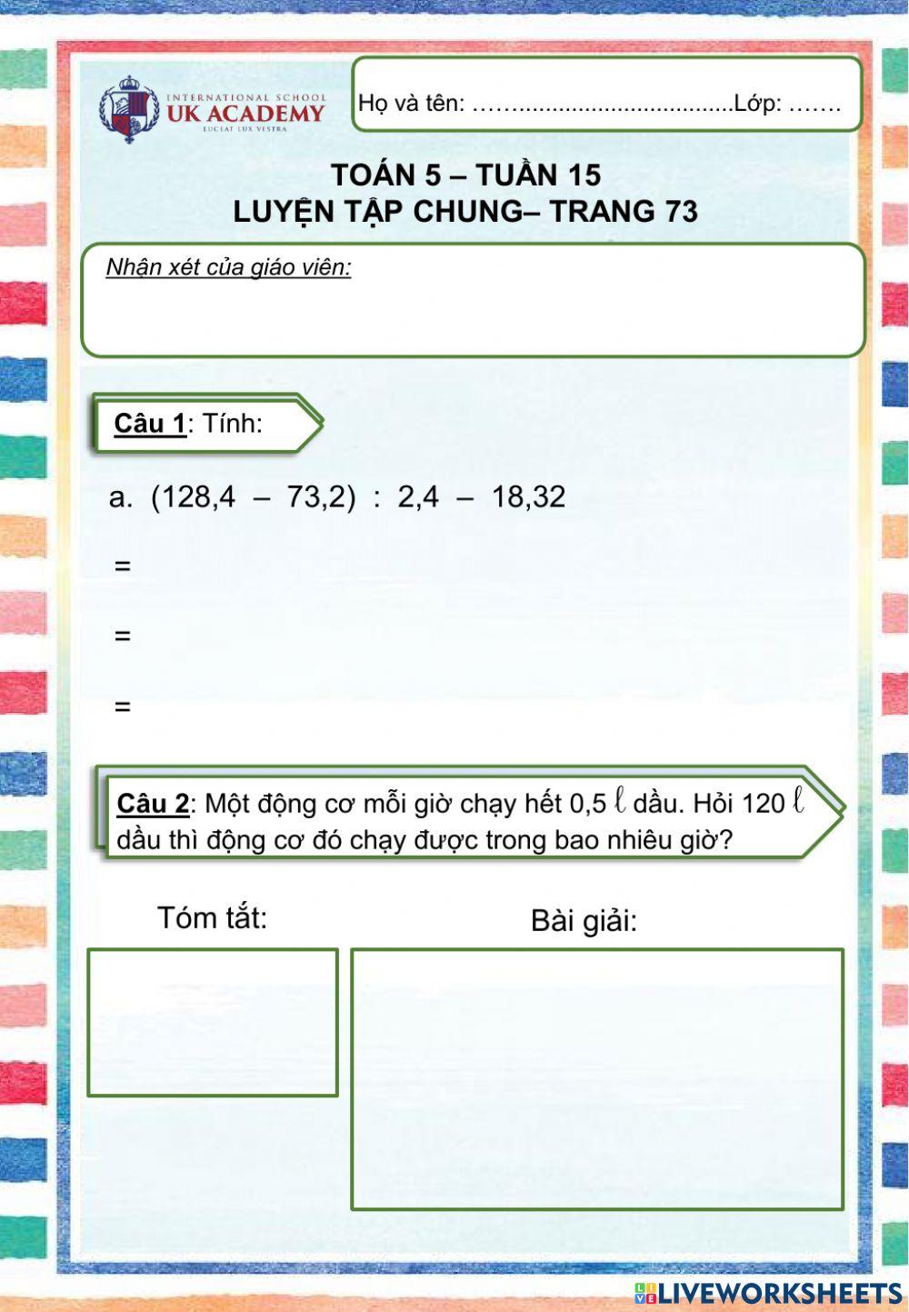 Toán 5 - Luyện tập chung - Trang 73