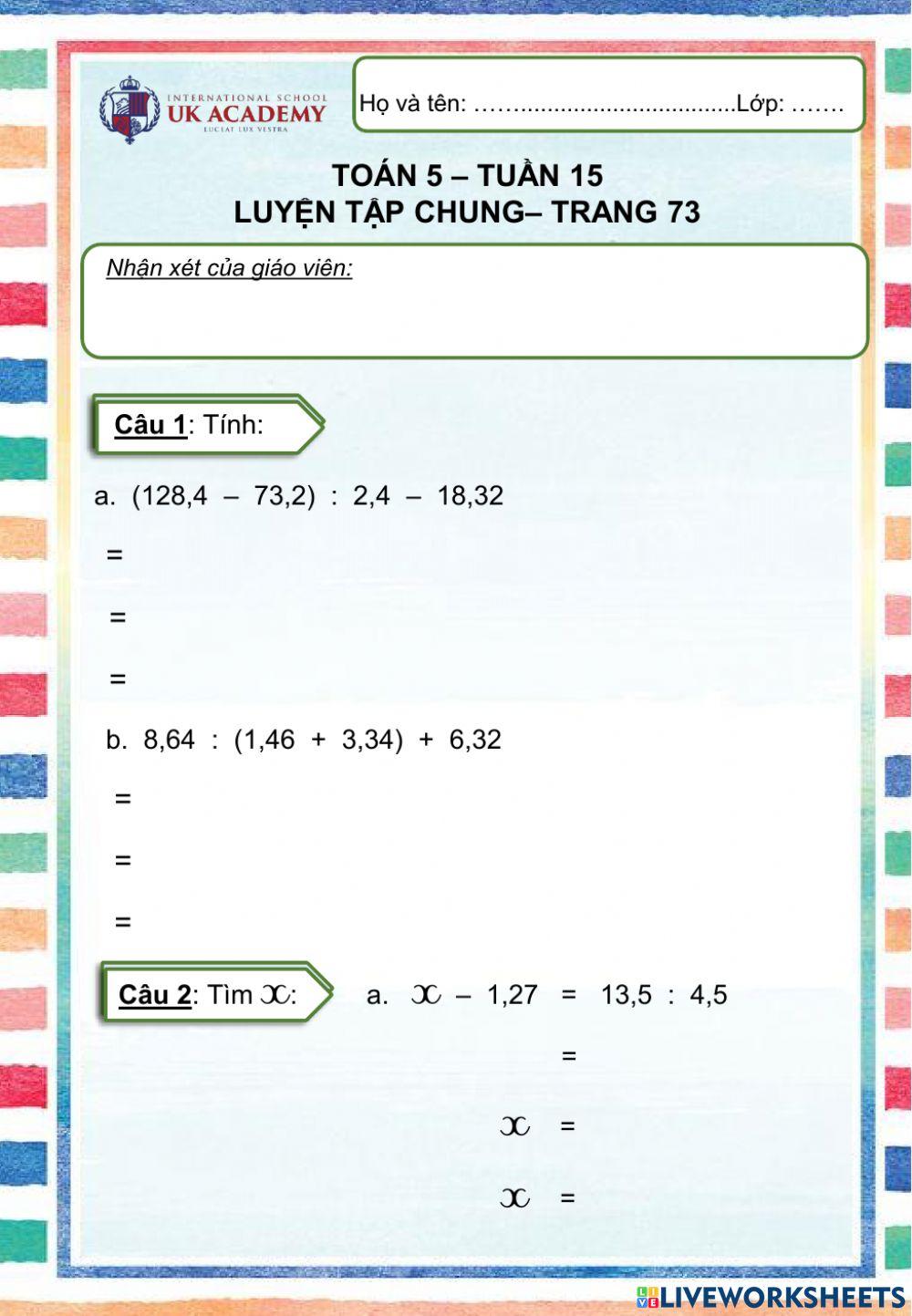 Toán 5 - Luyện tập chung - Trang 73