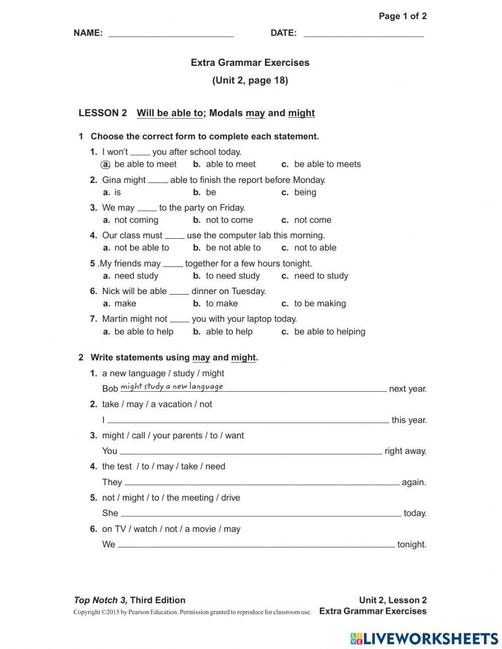 TN3 - Unit 2 - Extra grammar exercise