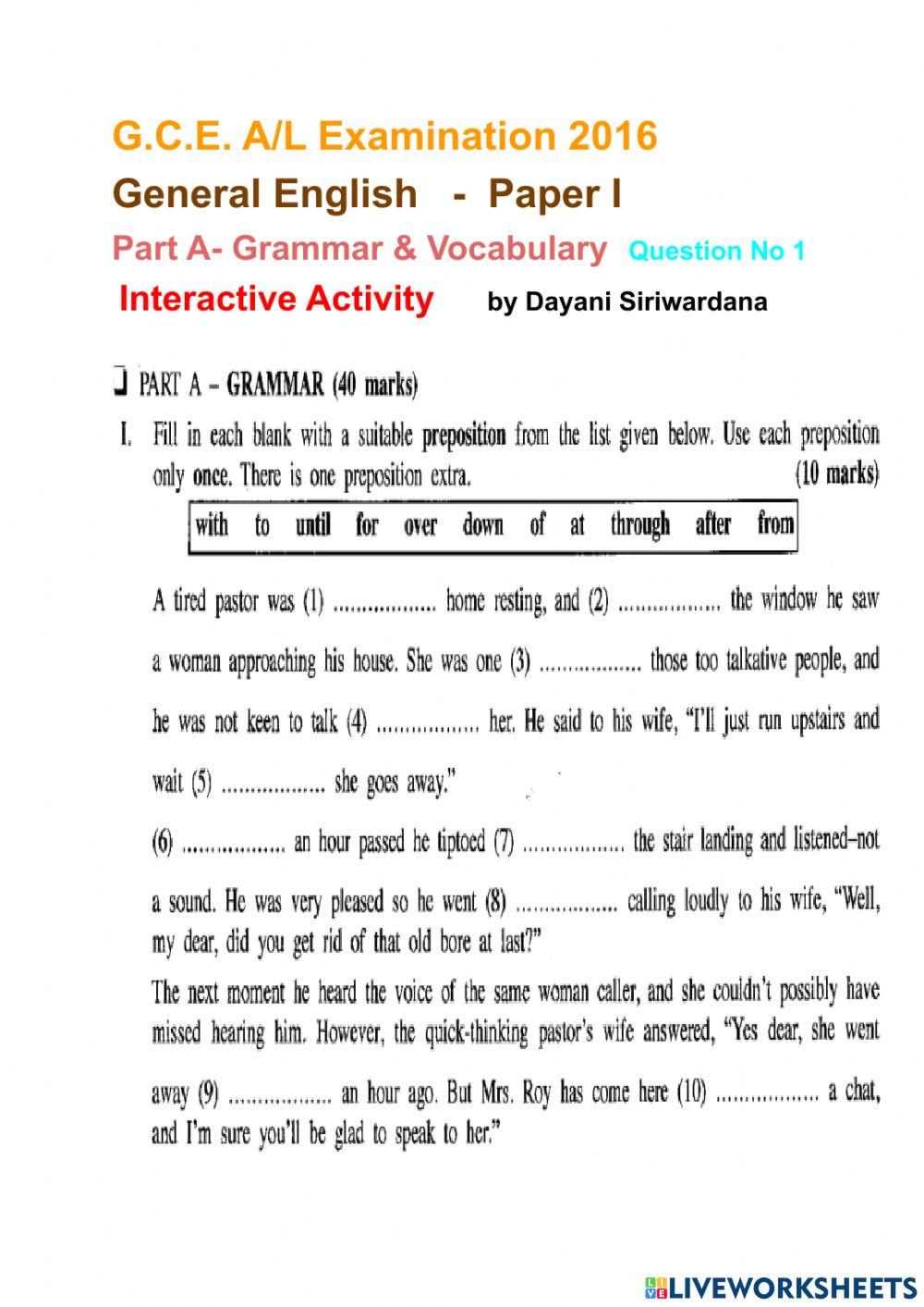 G.C.E. A-L Examination - Paper 1 -Part A -Question No 01