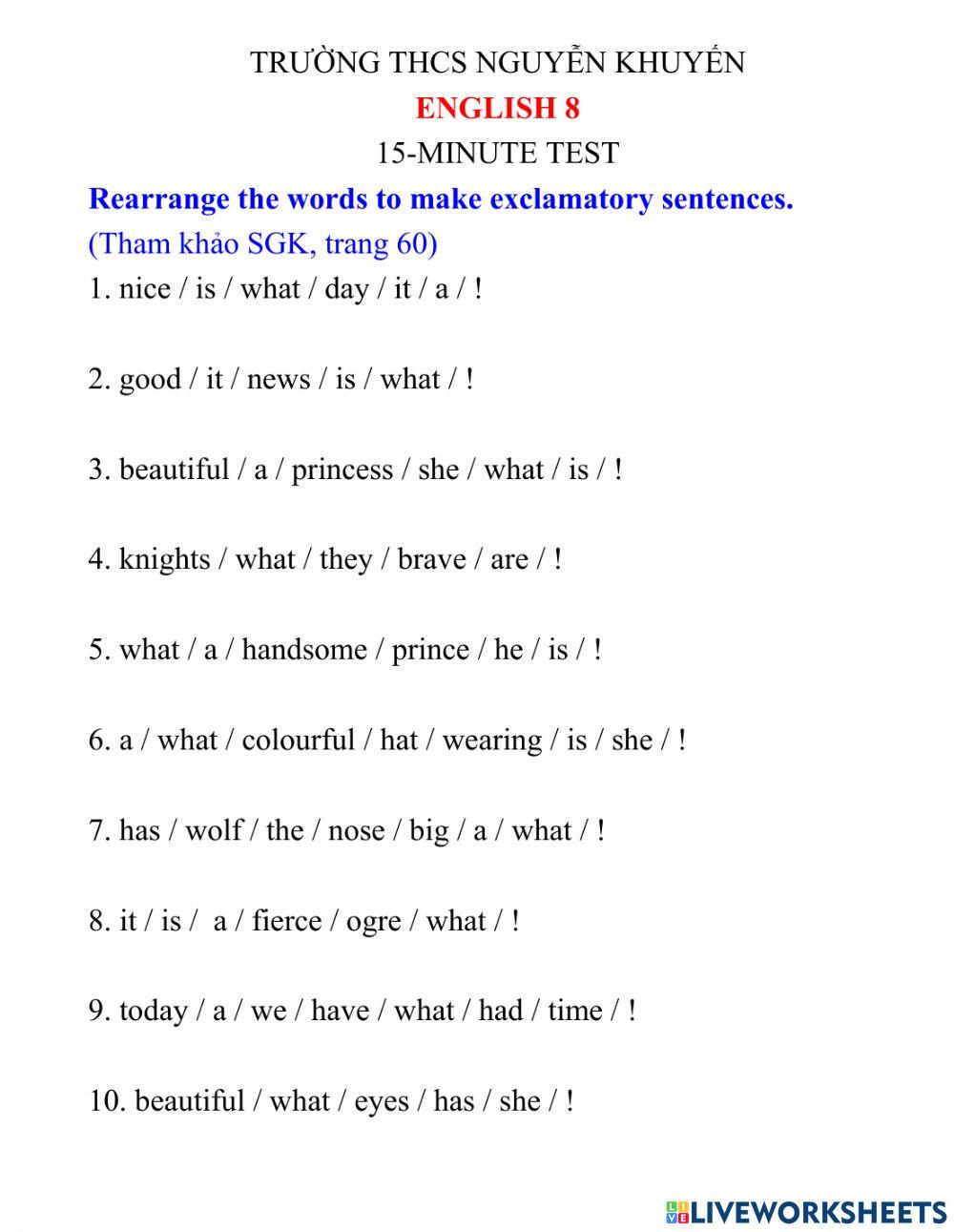 15- minute test - ENGLISH 8 - Exclamatory sentences