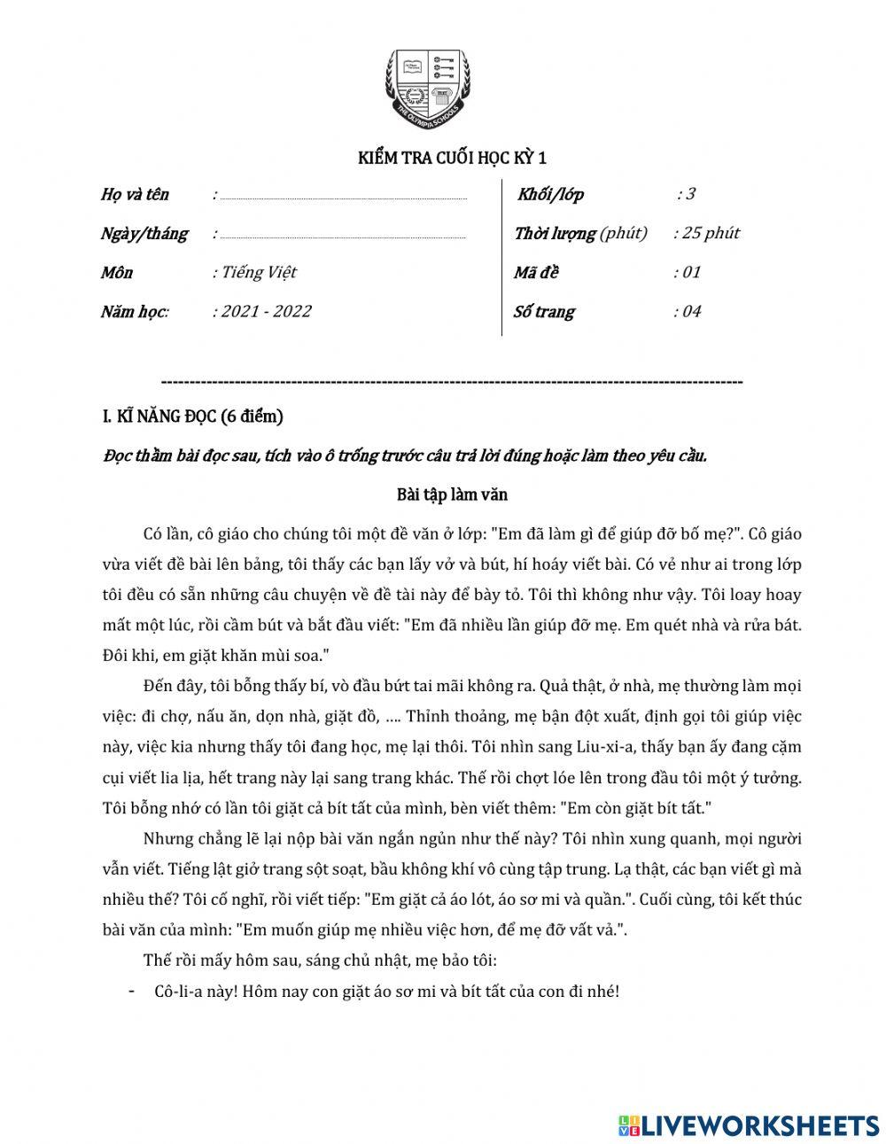 Bài kiểm tra kỹ năng đọc - đề 1