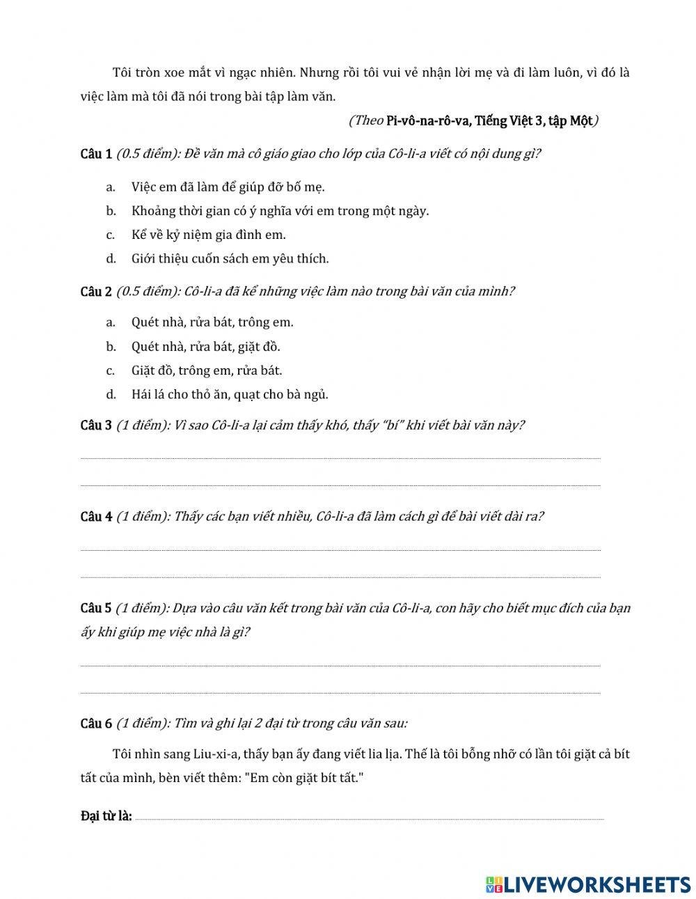 Bài kiểm tra kỹ năng đọc - đề 1