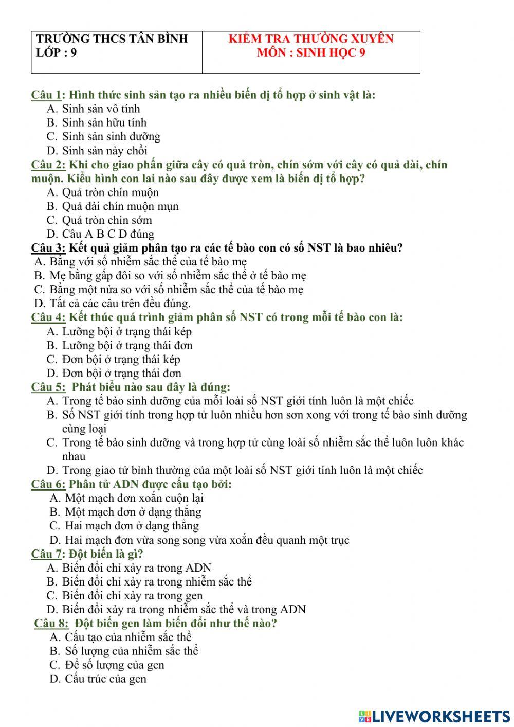 Kttx-sinh 9 worksheet | Live Worksheets