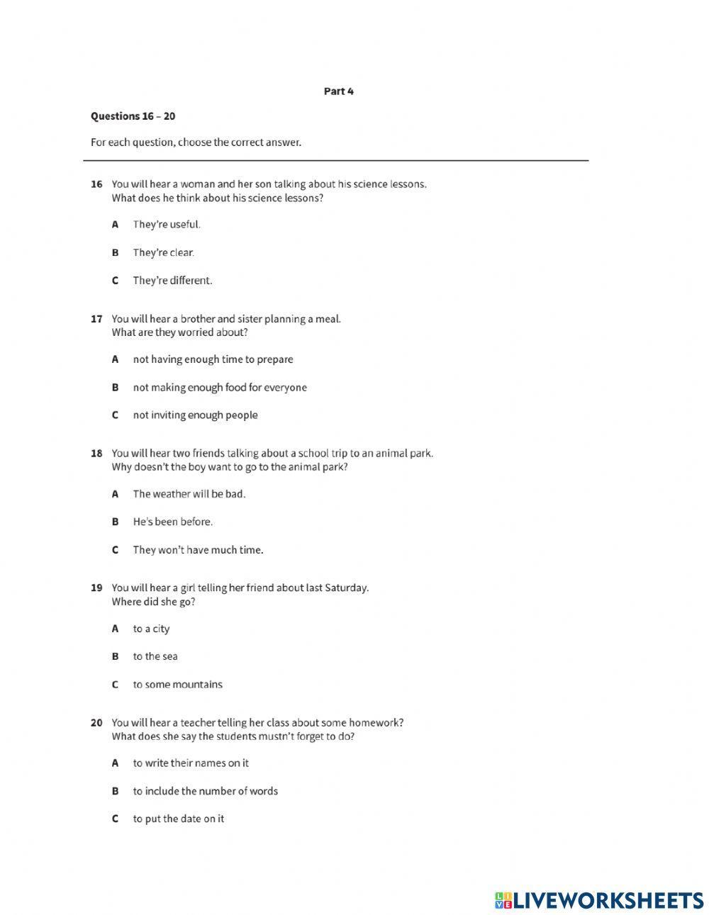 Pre 3 - listening sample test 1