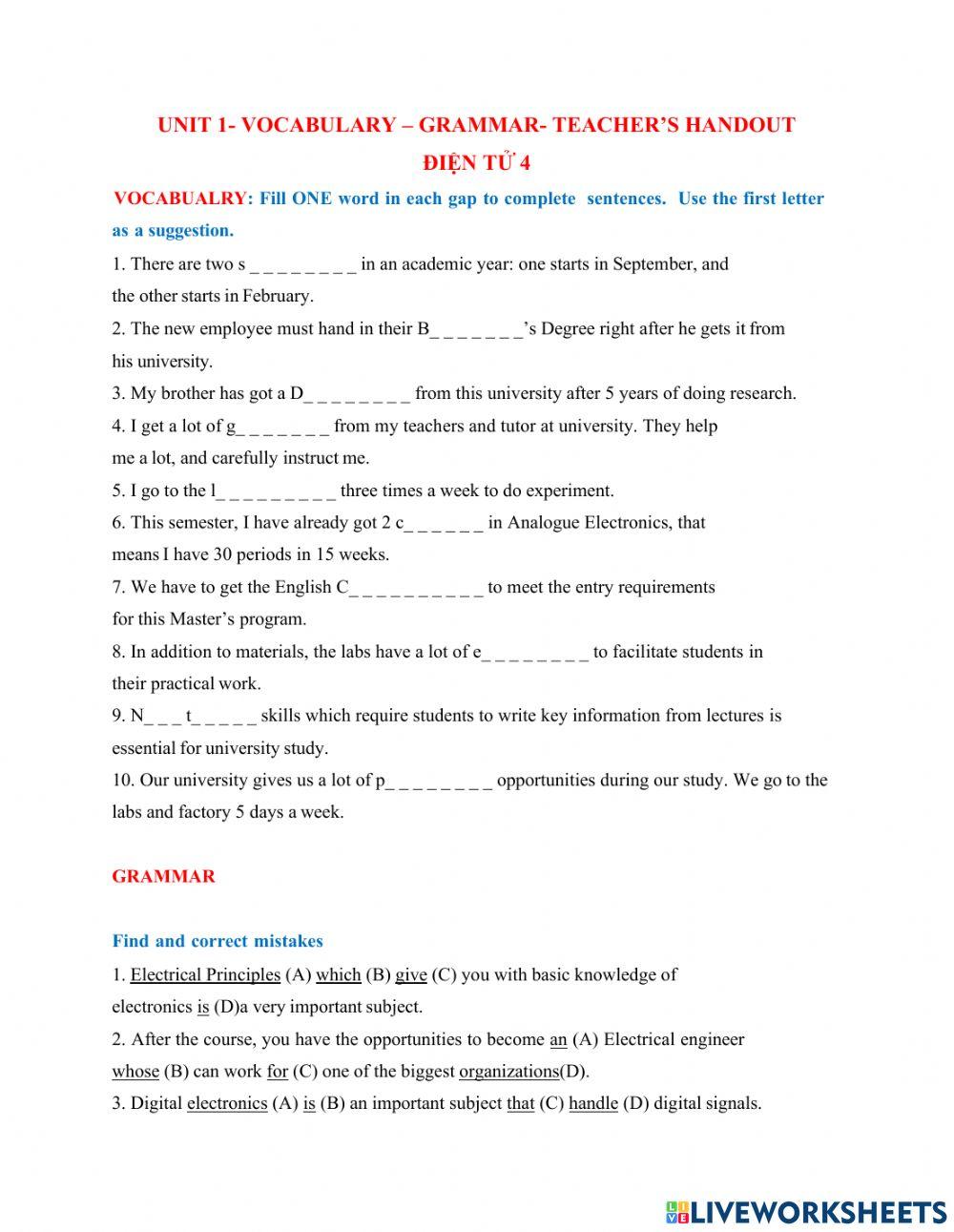 UNIT 1-  Vocabulary and grammar -Teacher's andout- Điện tử 4
