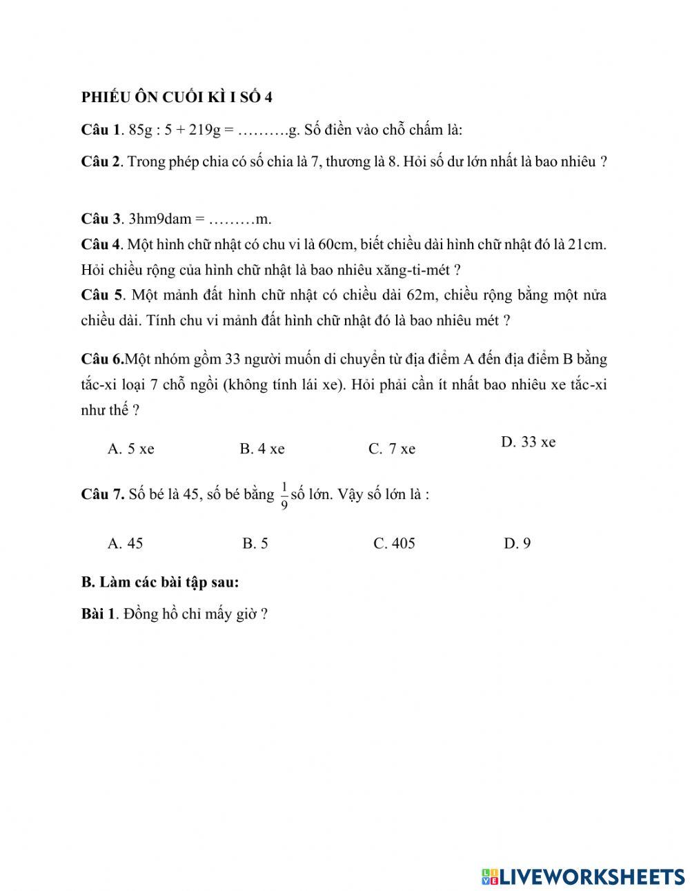 Phiếu Toán ôn cuối kì I số 4