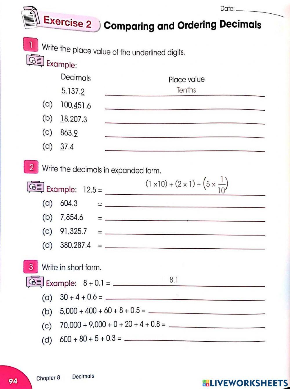 Math 4 decimal expanded form LiveWorksheets