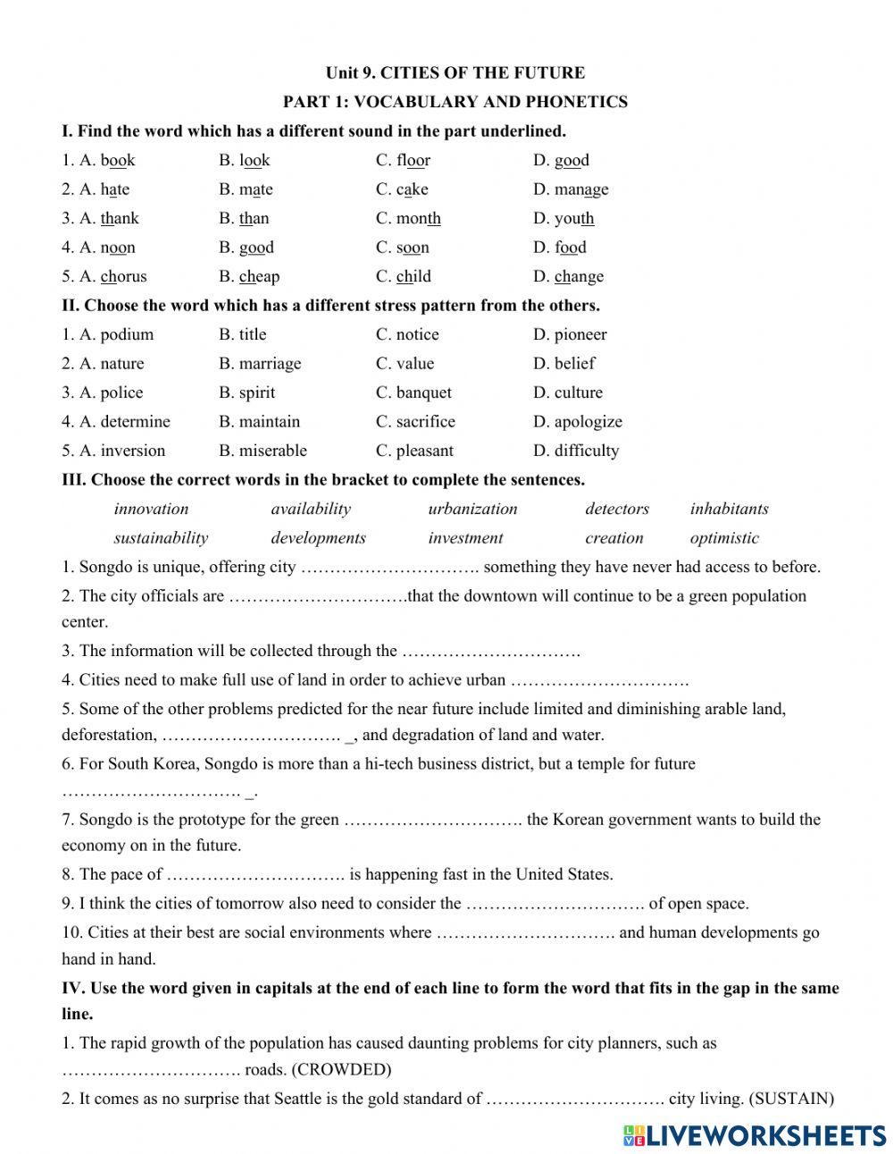 Unit 9. CITIES OF THE FUTURE -  PART 1: VOCABULARY AND PHONETICS